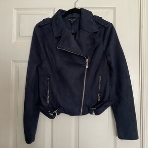 Navy Blue Faux Suede Moto Women's Jacket with zippers and strap belt
